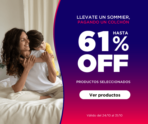 ¡Llevate un sommier, pagando un colchón! 58% OFF en Productos seleccionados Válido del 24/10/2024 al 31/10/2024